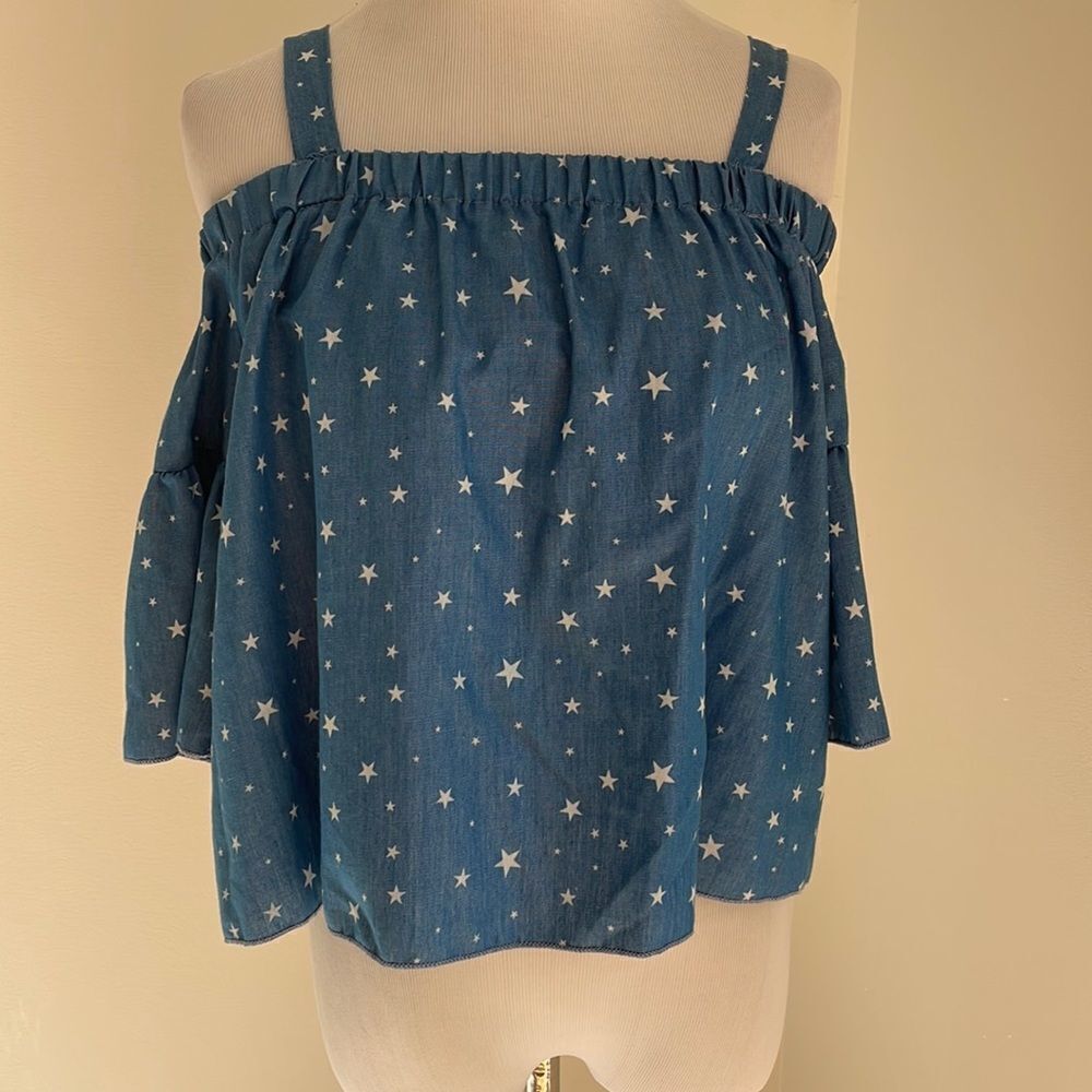 NWT Blue crop top w/white stars shoulder straps and sleeves by see you Monday S